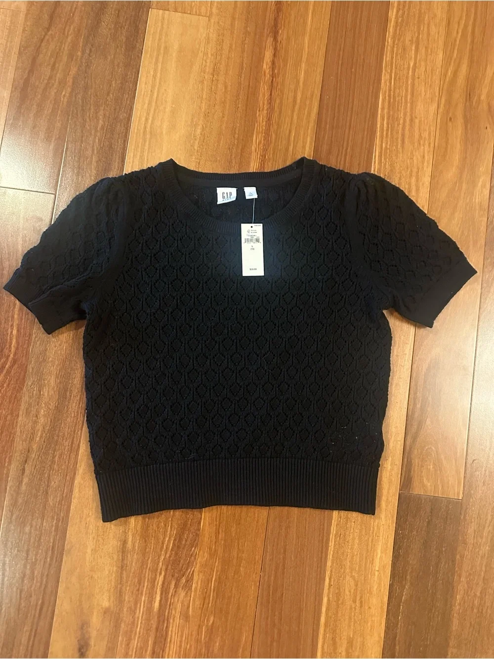 GAP Black Short Sleeve Crochet Pointelle Sweater Girls  Sz L - 10 - NWT